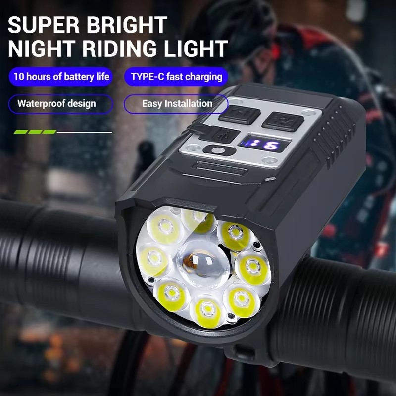 Latarka rowerowa 9LED z ładowaniem Type-C, ultralekka lampka na kierownicę, wodoodporna latarnia rowerowa do użytku na zewnątrz.