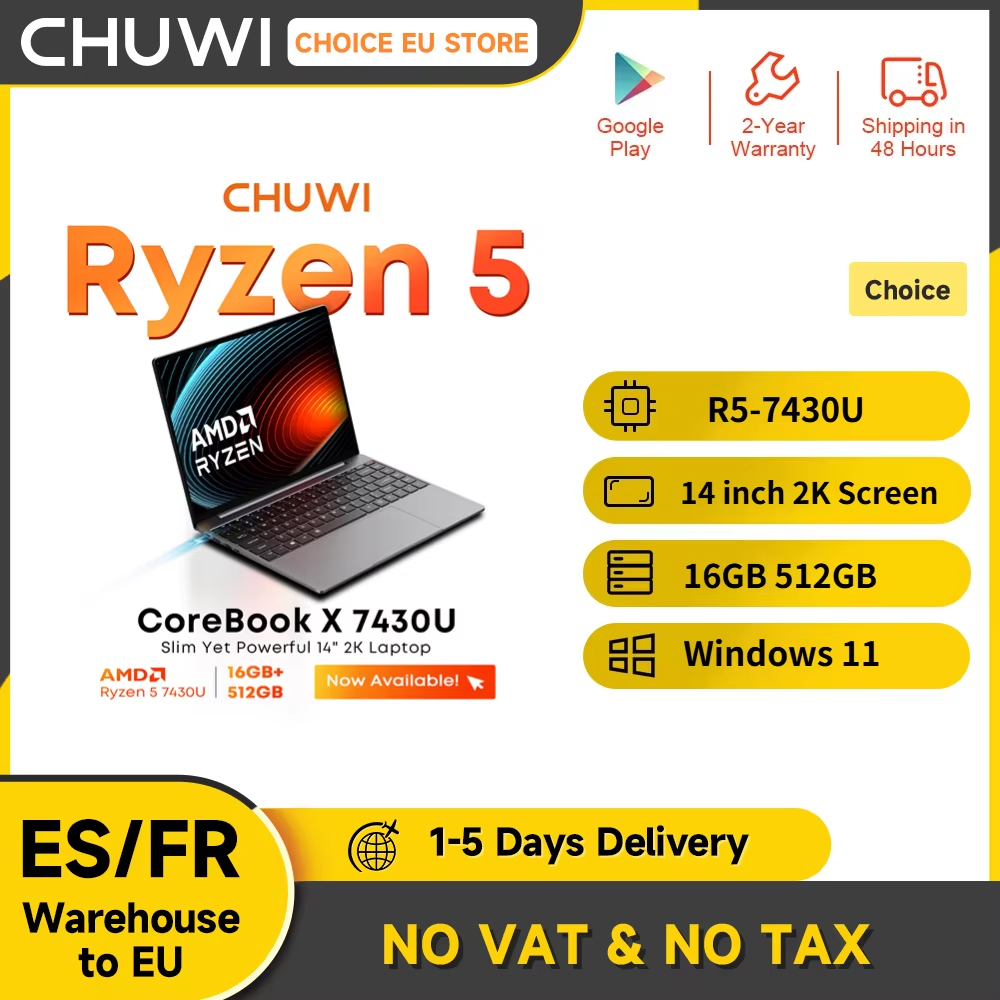 CHUWI CoreBook X AMD R5-7430U 2025 nuevo ordenador portátil 6 núcleos pantalla FHD IPS de 14,1 pulgadas 16GB DDR4 RAM 512GB SSD hasta 4,3 Ghz Notebook