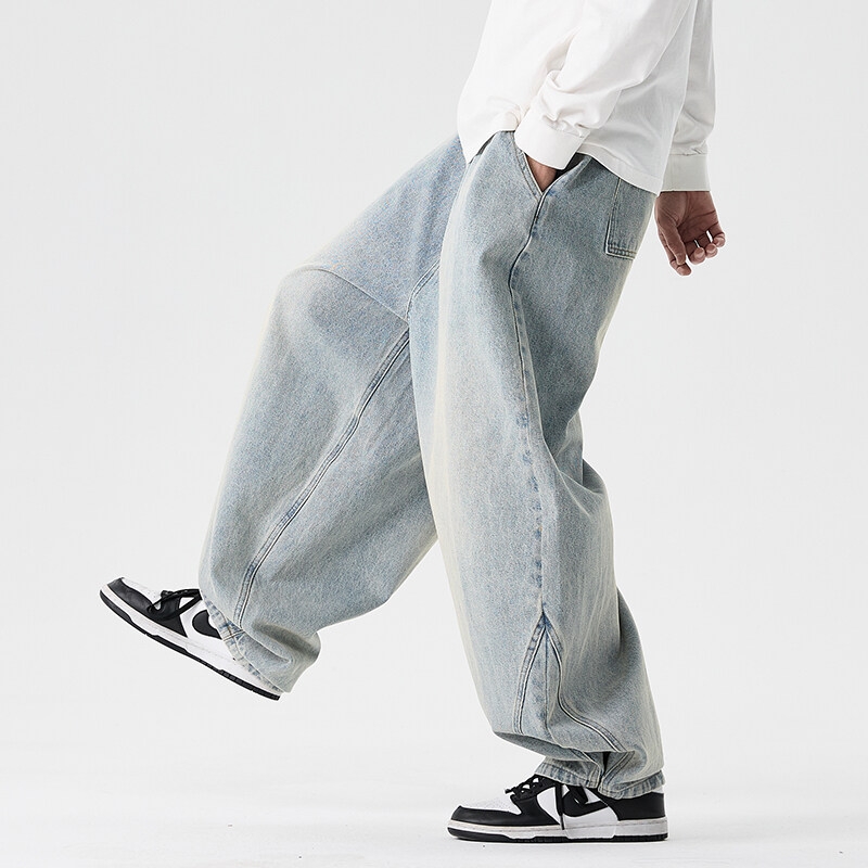 Spodnie Haremki Męskie 2026 Nowa Kolekcja Vintage Luźne Spodnie Hip Hopowe z Szerokimi Nogawkami Męskie Proste Jeansy Oversize Modne Spodnie z Elastyczną Gumką w Pasie