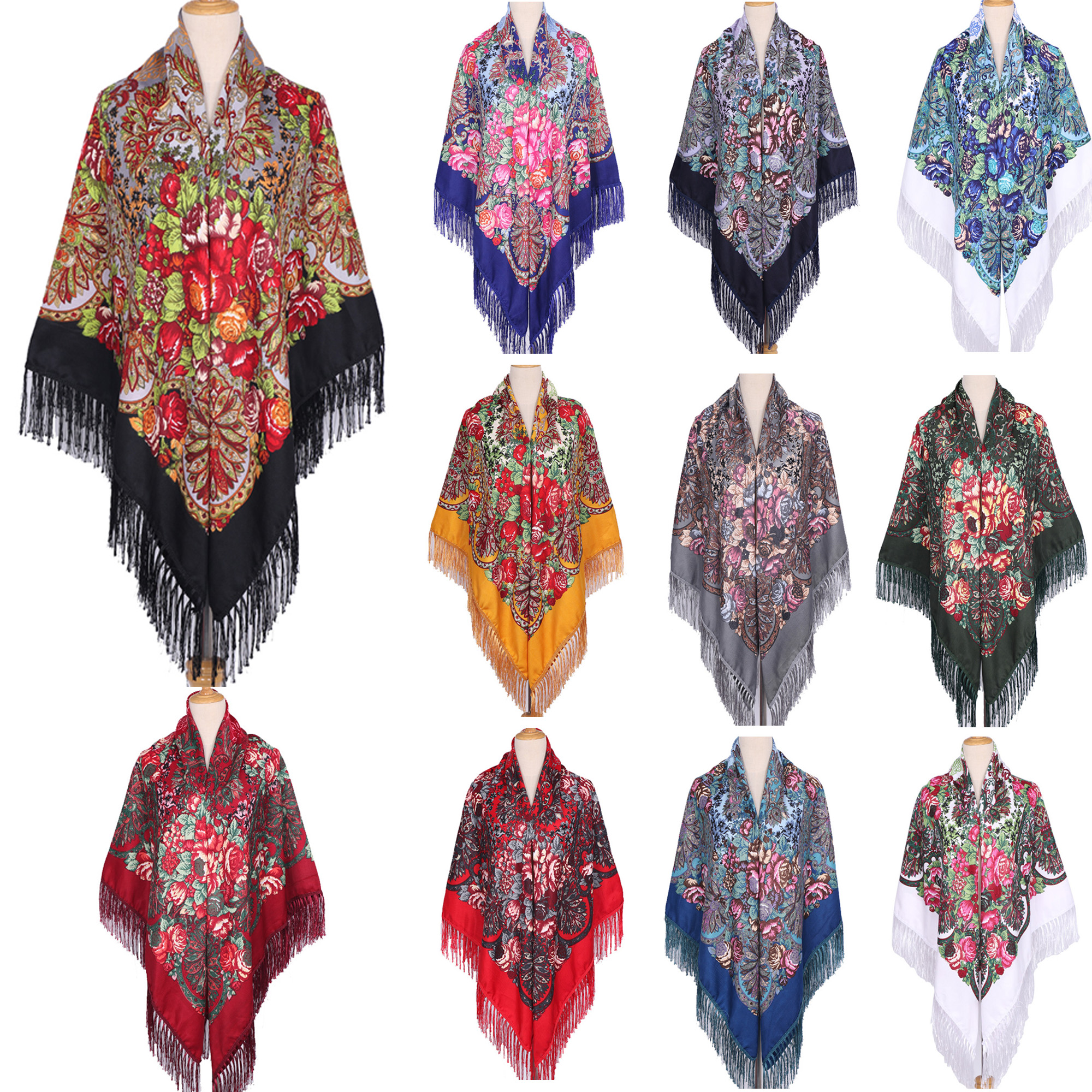 Syal Persegi Besar Etnis 160*160Cm untuk Wanita Syal Rumbai Motif Bunga Jilbab Turban Membungkus Selimut Bandana Babushka Rusia