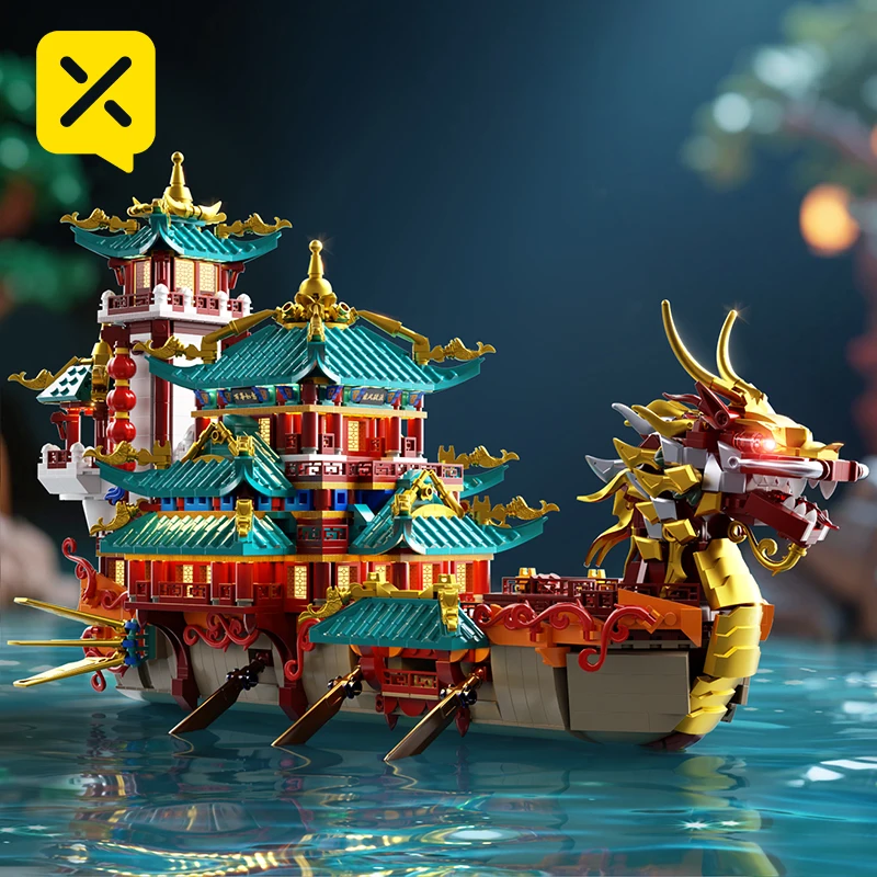 2453PCS Chinesischen Stil Drachen Boot Bausteine Traditionelle Architektur Ziegel Sammeln Dekorative Modell Spielzeug 3D Puzzle Kit