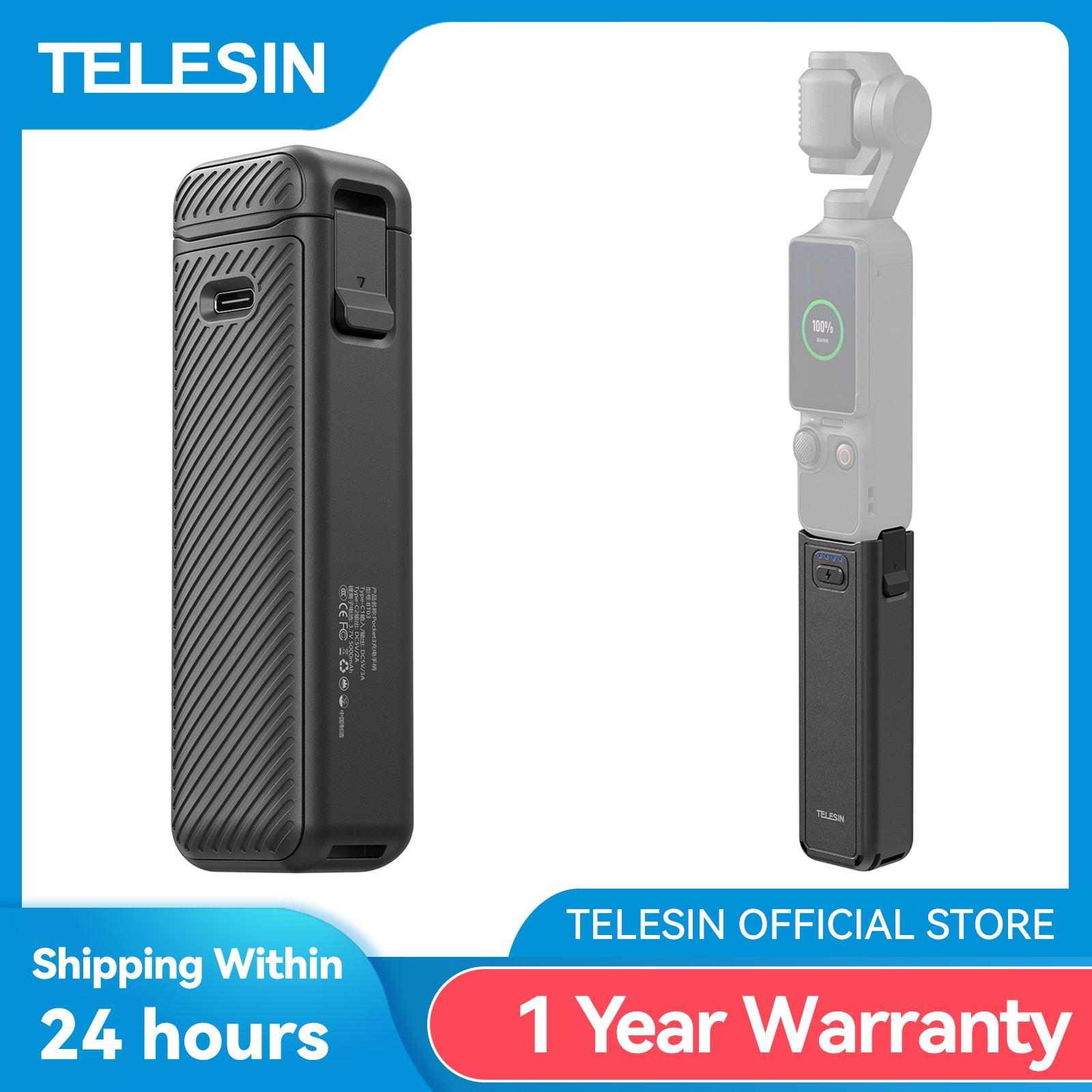 TELESIN - Empuñadura con Batería de 5000 mAh para DJI OSMO Pocket 4 3, Soporte de Agarre para Cámara, Banco de Energía, Carga Inalámbrica para Pocket 4 3