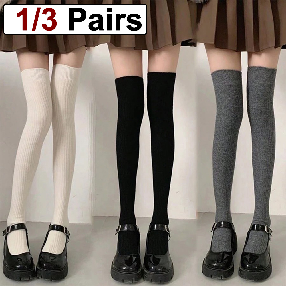 1/3 คู่ผู้หญิงคลาสสิกลายเข่าสูงถุงน่องแฟชั่นอเนกประสงค์สีดําสีขาวสีเทาสีทึบสบายถุงน่อง ﻿