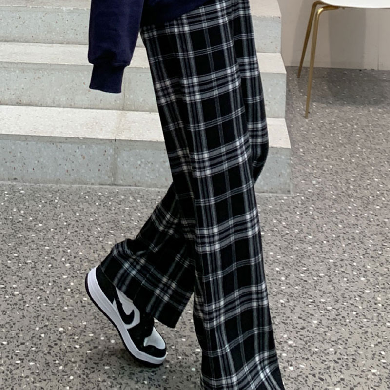 Pantalones Vintage a cuadros para mujer, Pantalón recto de pierna ancha de cintura alta, pantalón informal holgado para mujer, pantalón de pierna ancha, ropa de calle de moda 2022