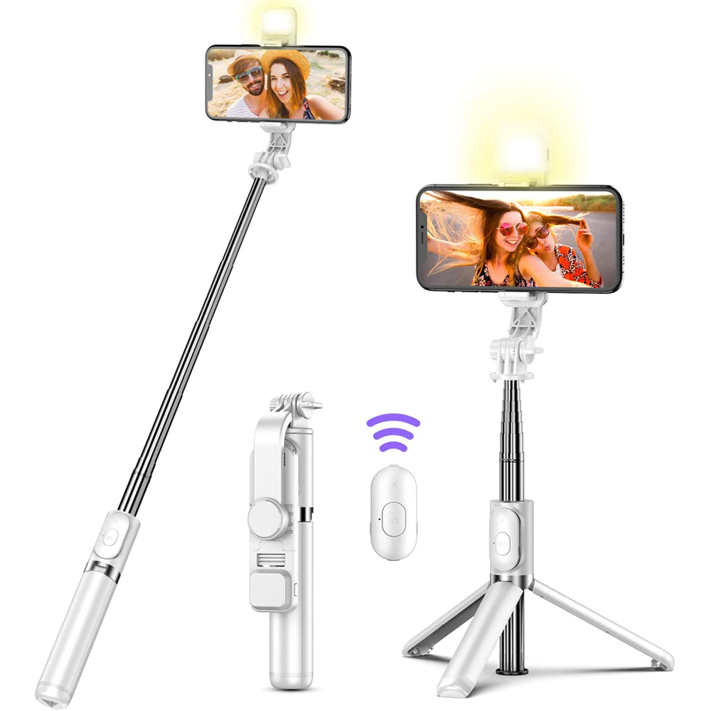 Treppiede portatile pieghevole senza fili Bluetooth Selfie Stick con telecomando otturatore luce di riempimento per smartphone Android iPhone