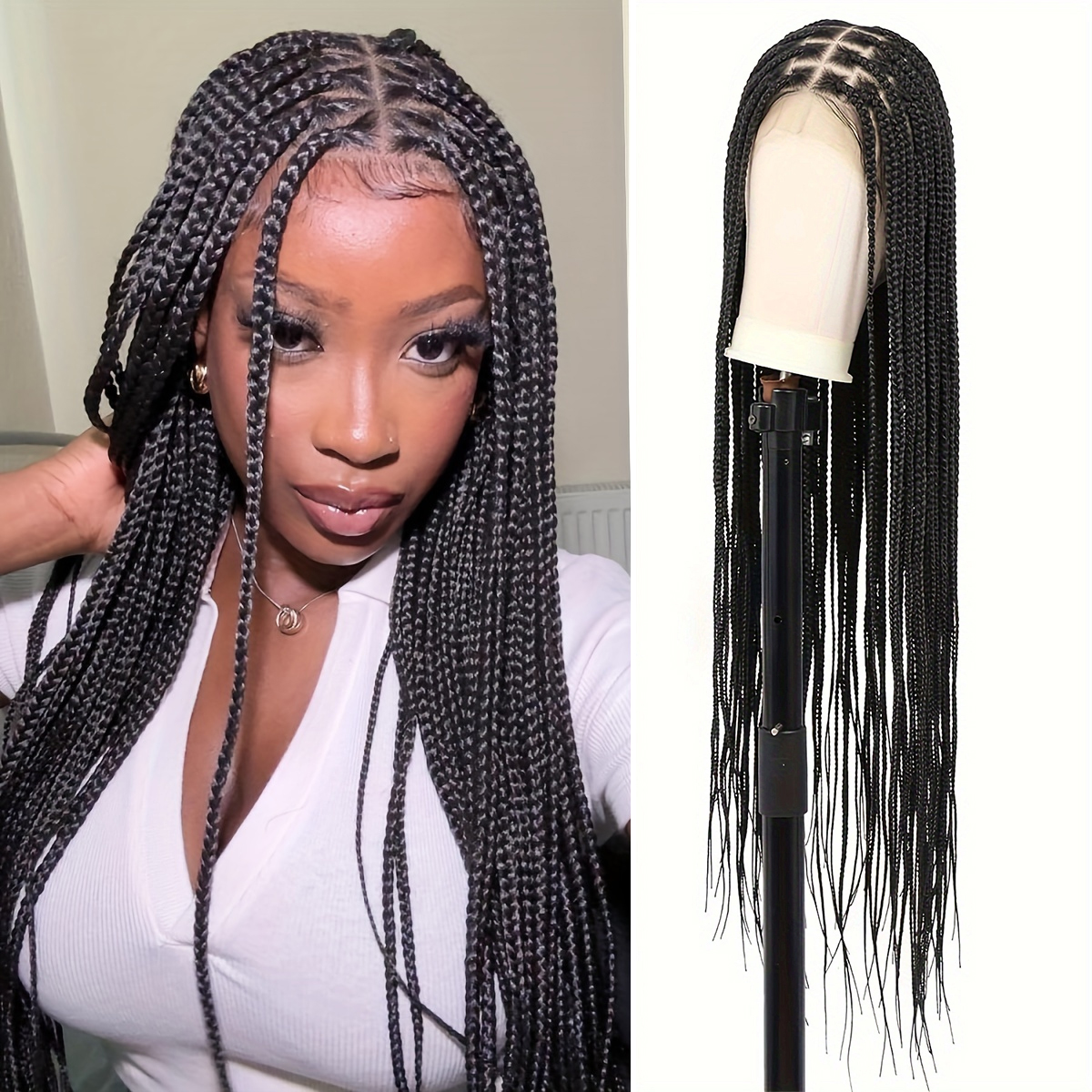 Parrucca Intrecciata in Capelli Sintetici con Base in Pizzo, 30 Pollici, Parrucche Intrecciate di Alta Qualità per Donne, Trecce Nere per Look Eleganti