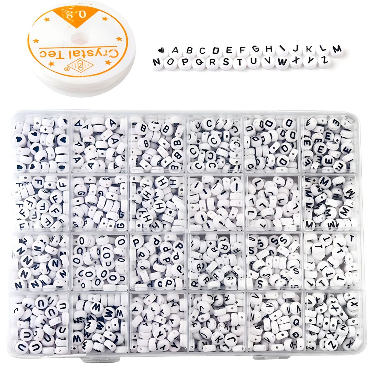 Perline con lettere rotonde da 1200 pezzi per la creazione di gioielli, con linea di cristallo Kit di perline acriliche con alfabeto bianco AZ Perline a forma di cuore
