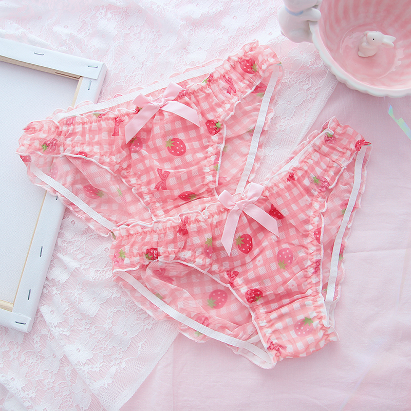 Śliczna uczennica truskawkowe majtki seksowna siateczkowa bielizna oddychająca japońska Kawaii Lolita bielizna intymna Femme stringi