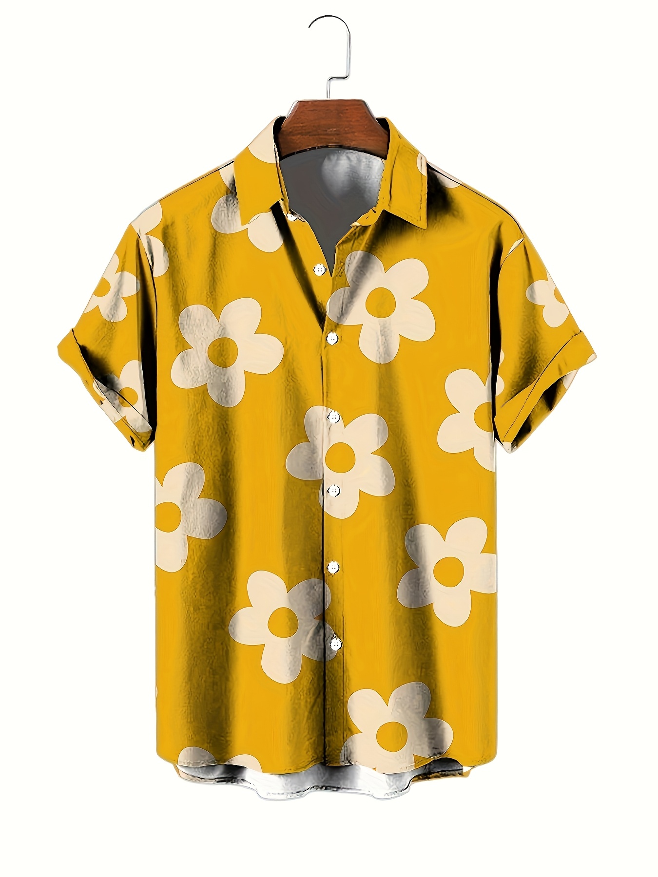 ​ ​ 2025 Camisa havaiana masculina com flor 3D, lapela grande, manga curta, férias na praia, ajuste solto, moda diária, conforto ​