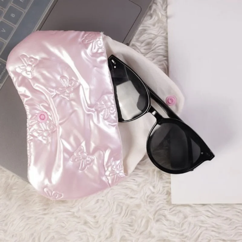 Pink  Leather Glasses Pouch Embossed Bow Heart Pattern Portable Eyewear Storage Bag For Sunglasses Eyeglasses