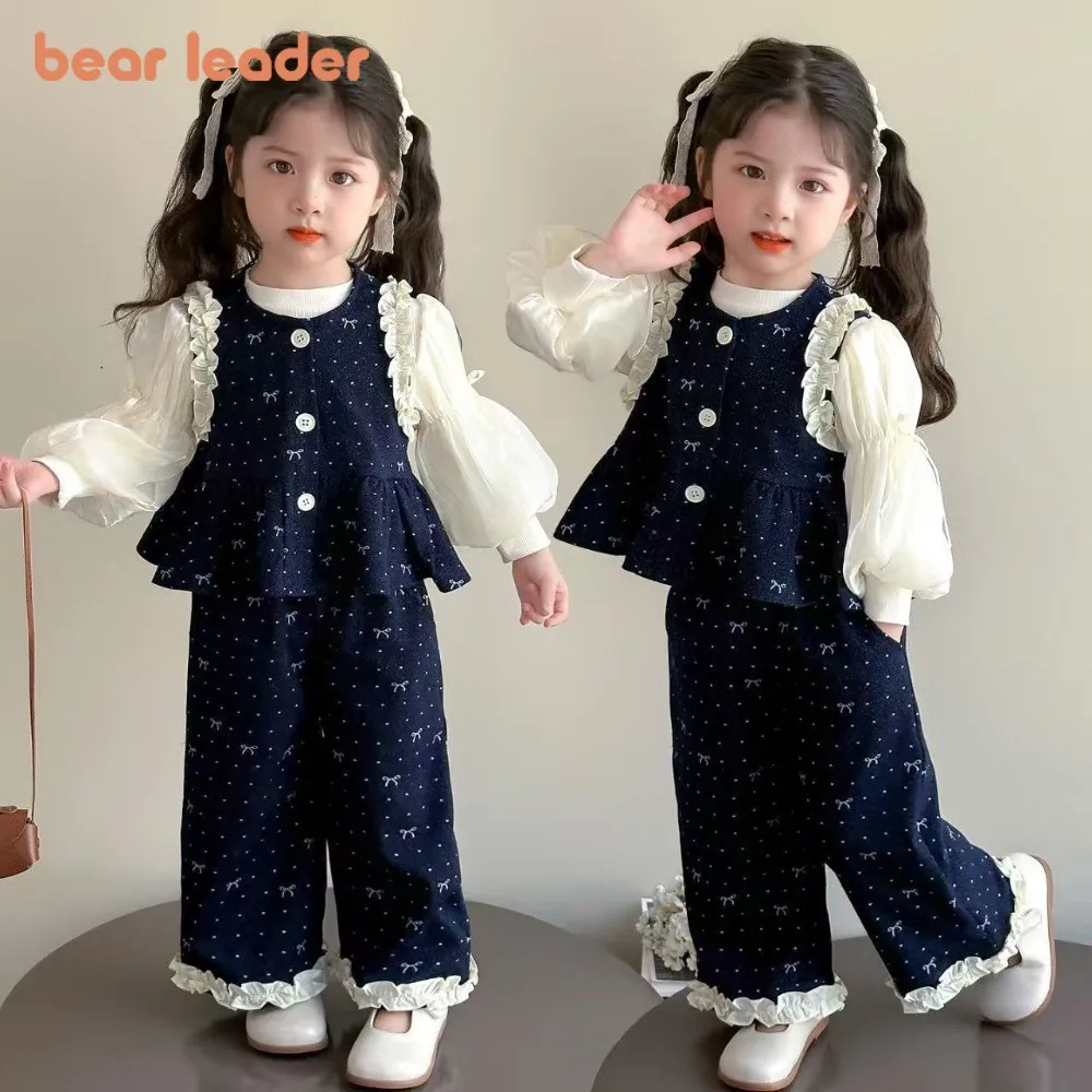 Bear Leader Kinderkleding Herfst Imitatie Denim Ruche Meisjes Kleding Boog Gedrukt Vest + Lange Mouwen + Broek 3 stuks Set