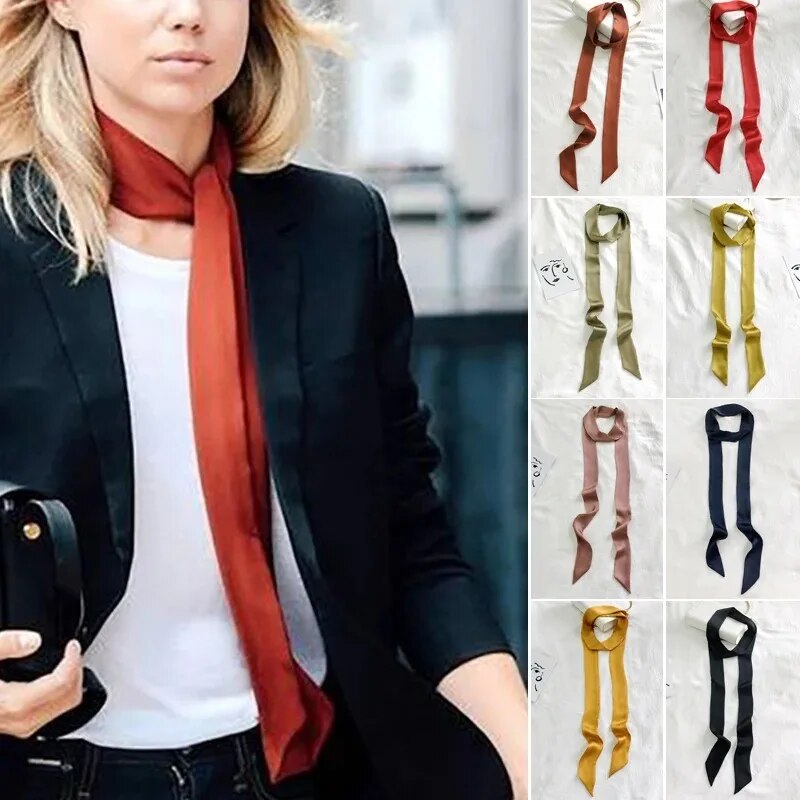 Novo lenço estreito de seda de cetim lenço de pescoço sólido lenços de pescoço longo lenço fino de seda cabeça pescoço faixa de cabelo saco fita headbands diy