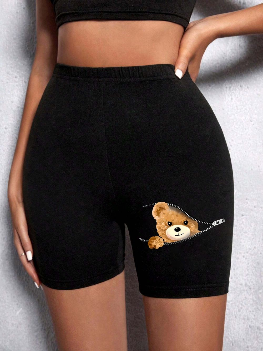 Moda feminina leggings curto urso de pelúcia parece engraçado impressão gráfica shorts esportivos alta elástica macia fina feminino streetwear