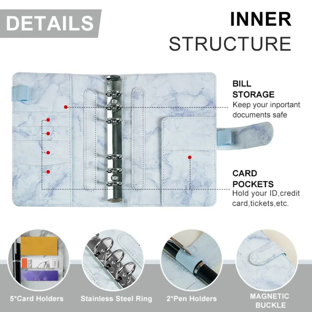 Marbling Money Saving Binder PU Card Holder Cash Budget Book Waterproof Reuseable Money Saving Notebook Charge Up