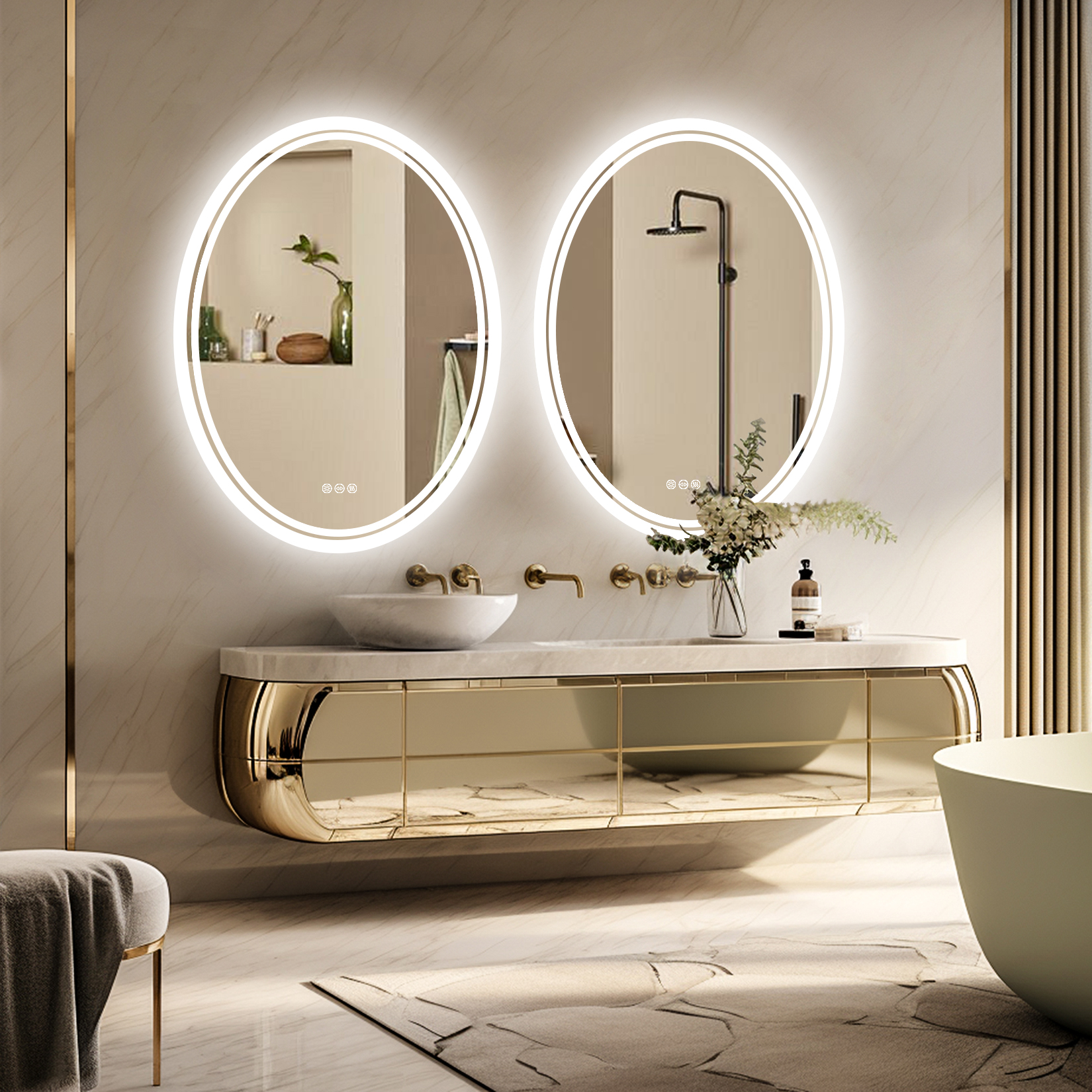 LED-Badezimmerspiegel mit Hintergrundbeleuchtung, runder Kosmetikspiegel mit Lichtern, Wandmontage, beschlagfrei, beleuchteter Badezimmerspiegel, dimmbarer Schminkspiegel