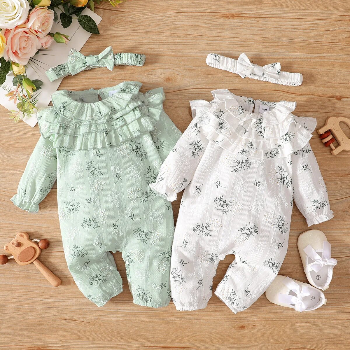 Body de primavera y otoño para niña recién nacida, pelele de manga larga con estampado Floral y diadema, ropa de mono para bebé de 0 a 18 meses