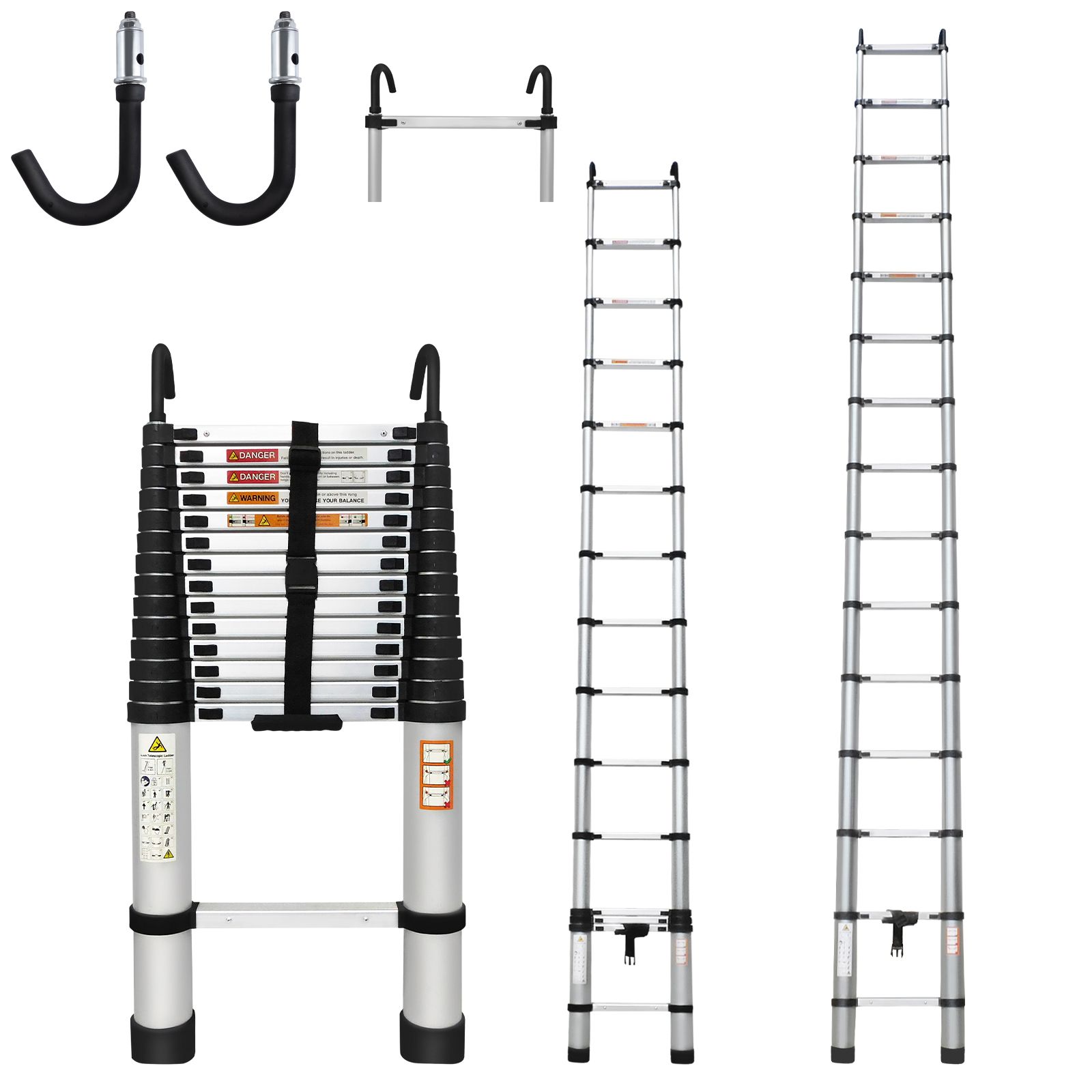 Aluminium Folding Telescopic Step Ladder with Detachable Hooks & Extendable Steps, for Home Loft Roof Ceiling, 330 Lb Capacity