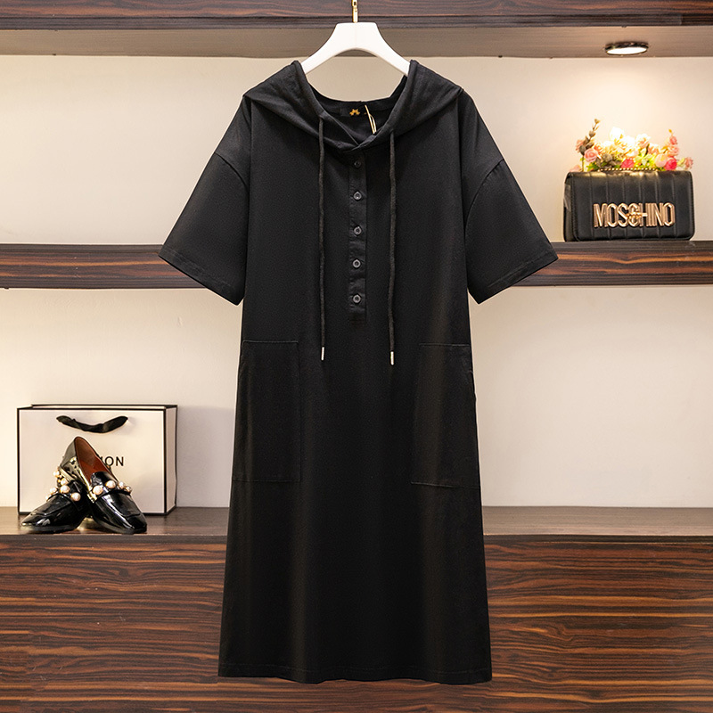 Busto da donna di grandi dimensioni 157 estate sciolto a maniche corte con cerniera con cappuccio t-shirt vestito nero 6XL 7XL 8XL 9XL 10XL 150kg