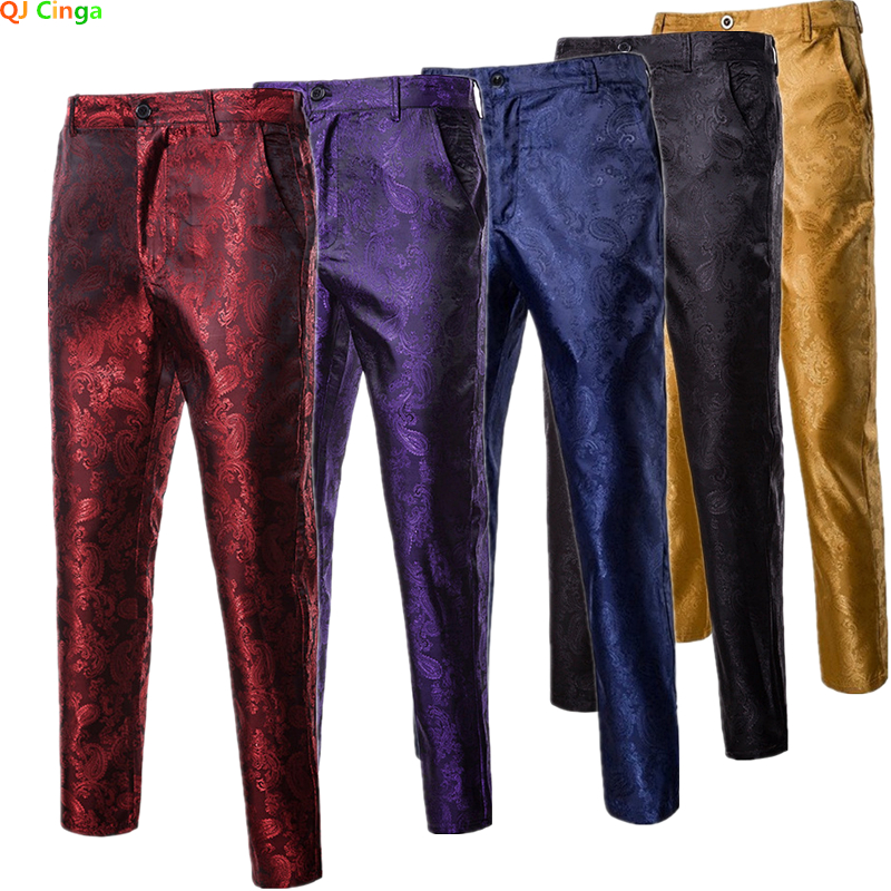 Pantalones de traje florales morados finos de primavera para Hombre, Pantalón para vestidos de fiesta de boda, Pantalones casuales de moda, Pantalones dorados, rojos y negros para Hombre