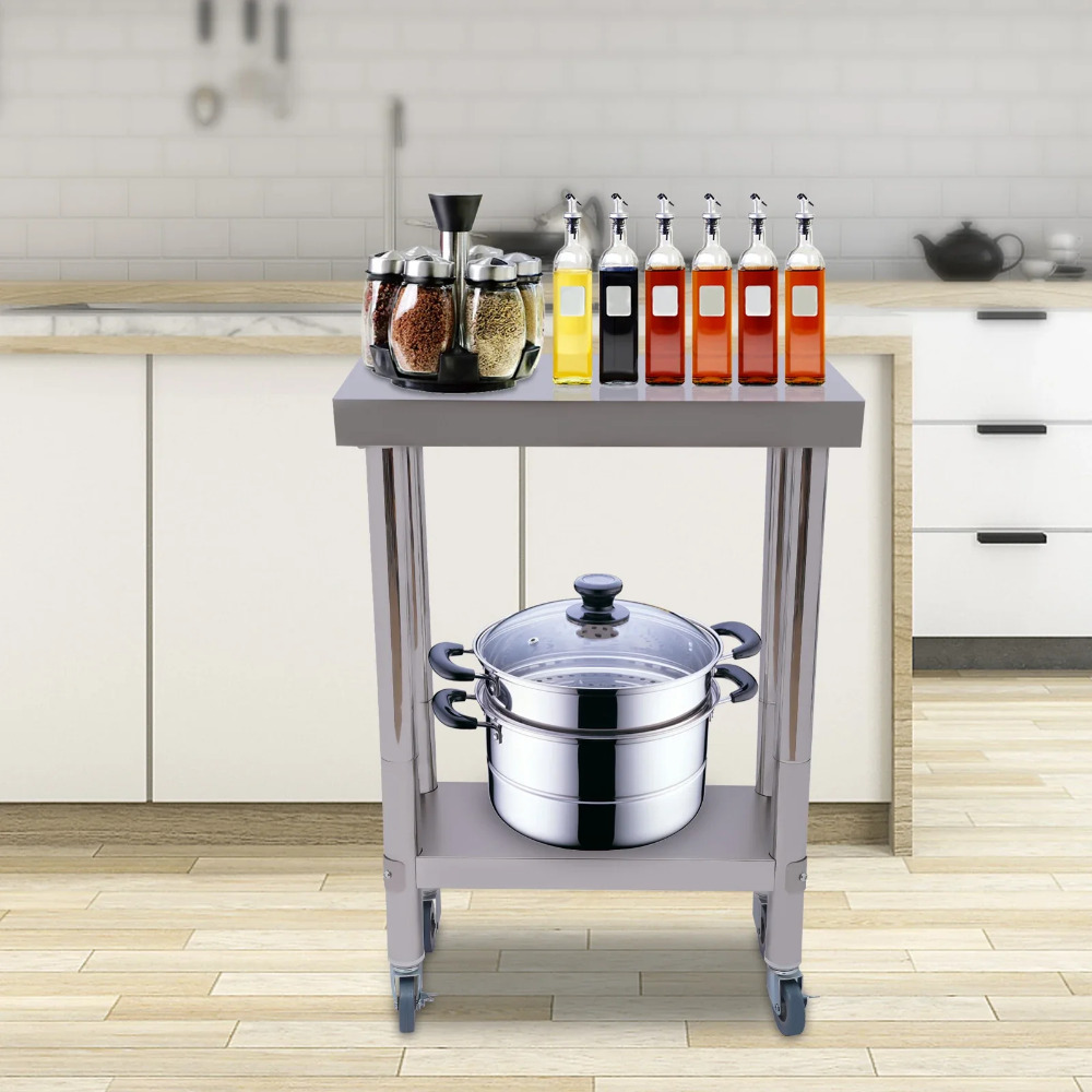 Stół roboczy ze stali nierdzewnej, 2 poziomy, stół kuchenny na kółkach, udźwig 300 kg, 60 x 30 x 85 cm, do restauracji, domu i hotelu.