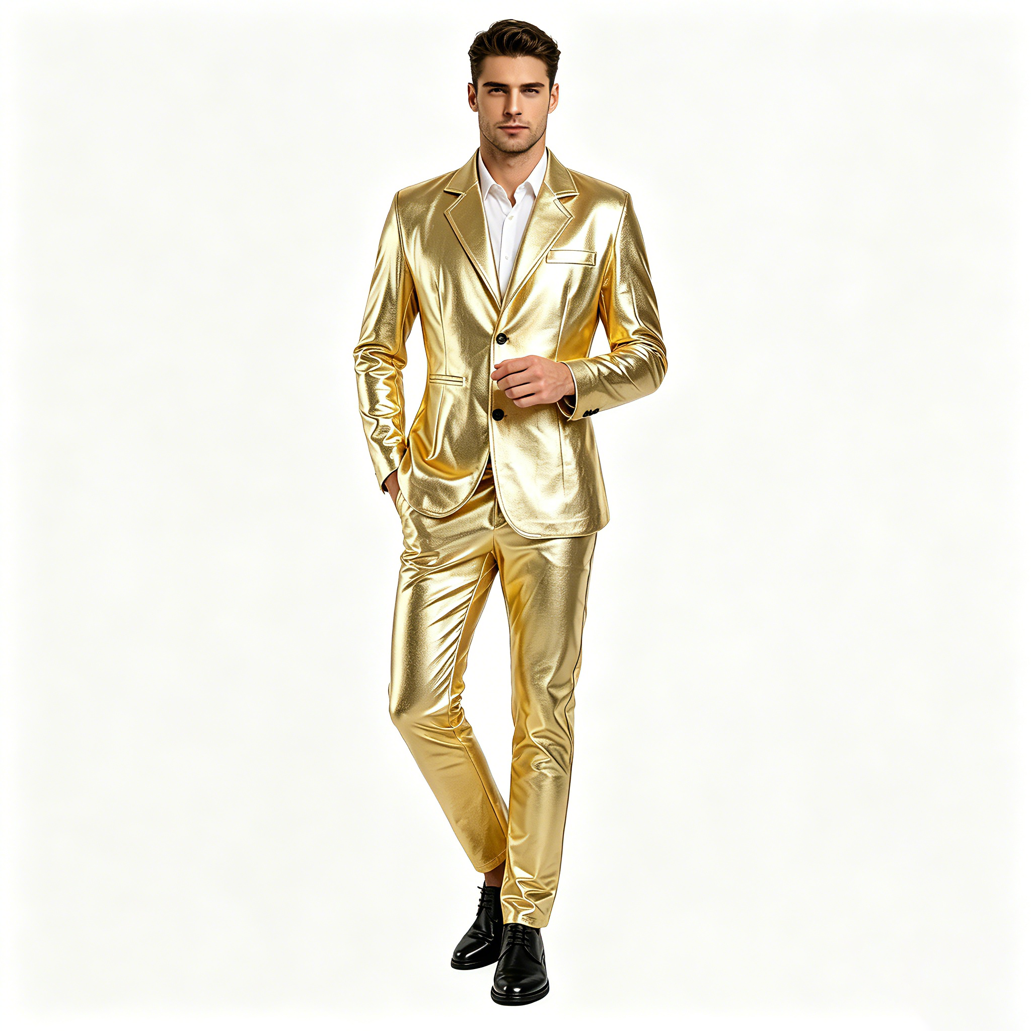 Costume 2 pièces doré brillant pour homme, ensemble blazer et pantalon métallisé, coupe ajustée, idéal pour soirée disco, scène, DJ, club, bal de promo, mariage