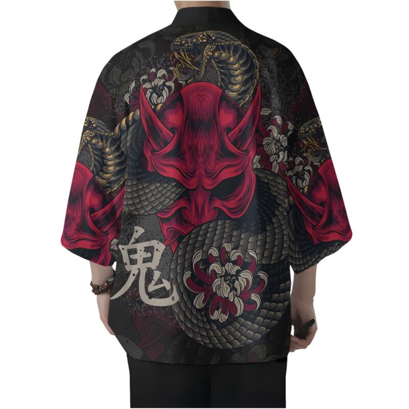 Máscara Oni japonesa, Haori, Kimono, cárdigan con patrón de serpiente, estilo Ukiyo-e, abertura frontal, ropa de calle, abrigo Harajuku para hombre, fiesta de cosplay