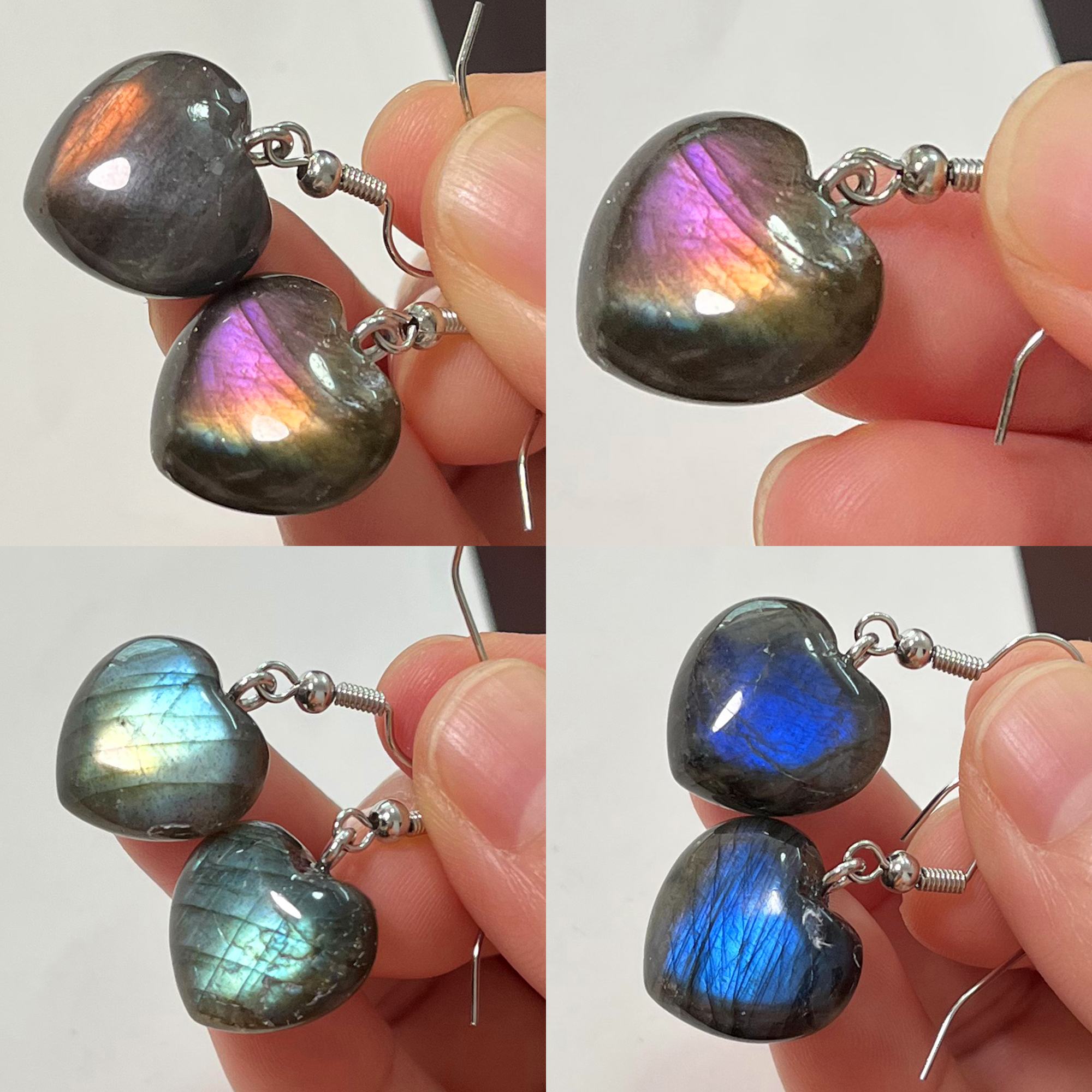 Natuursteen roze labradoriet oorbellen blauwe hangers