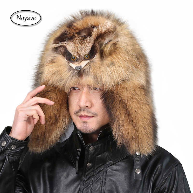Topi Rusia Kulit Rubah Raccoon Asli 100% Model Pilot Blazer Full Mao Topi Pria Ushanka Penutup Telinga Musim Dingin Topi Beanie Bulu Rubah
