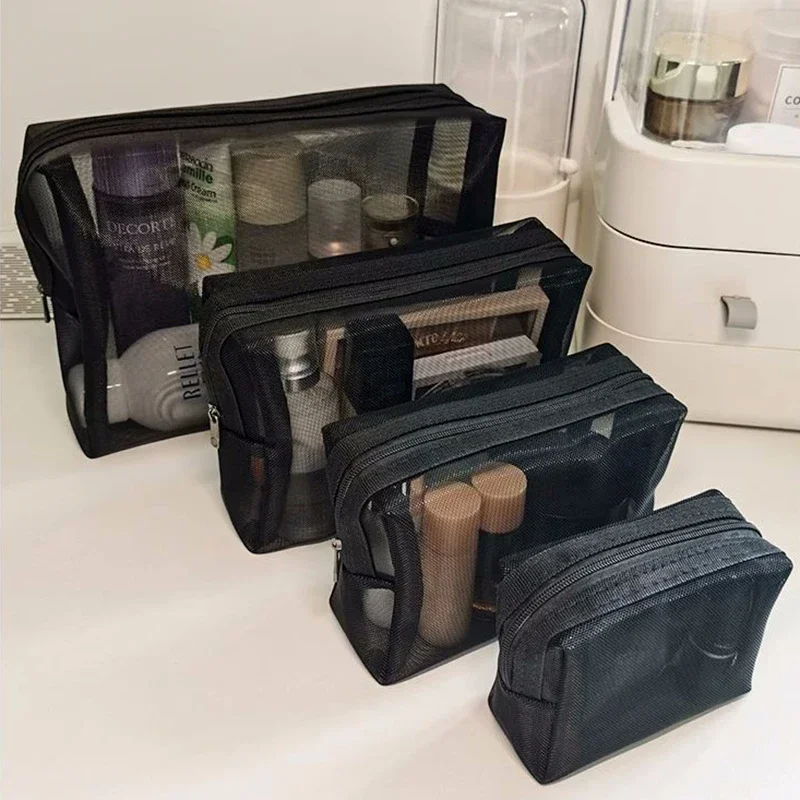 Sacs à cosmétiques à fermeture éclair, 1 pièce, maille transparente, organisateur nécessaire pour femmes, petits et grands sacs de toilette noirs, pochette de maquillage