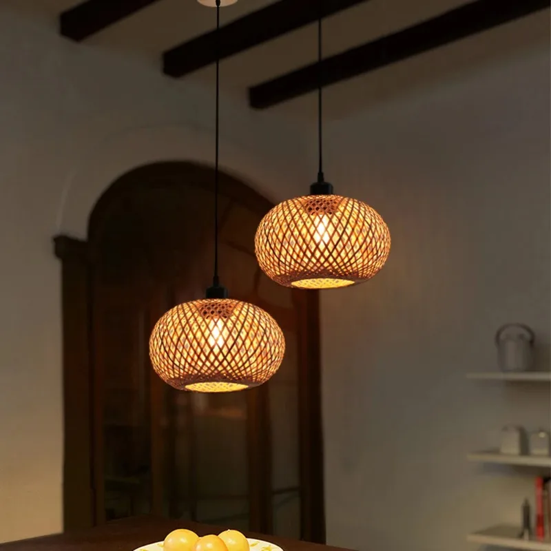Lâmpada pingente de bambu lustre pendurado lâmpada artesanal rattan pingente luminária restaurante sala jantar iluminação interior