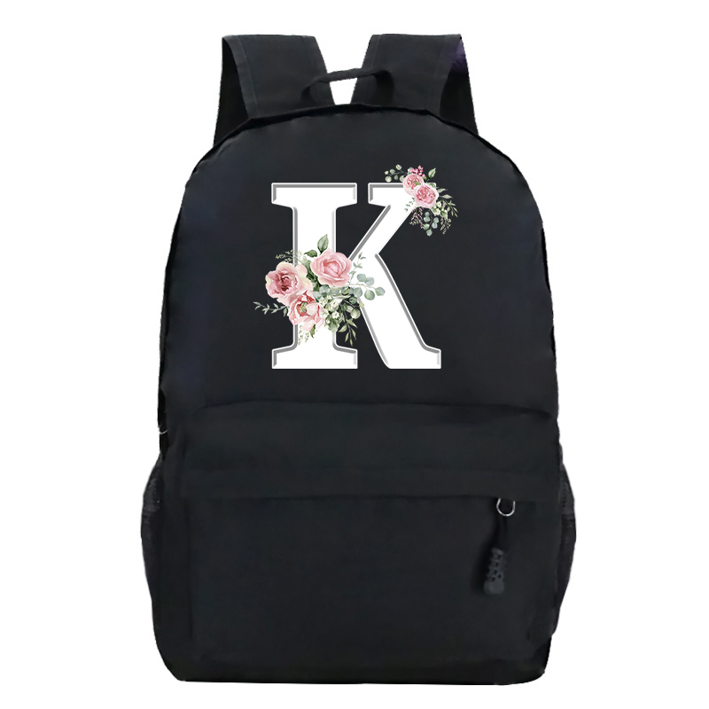 Mochila con estampado blanco y alfabeto Floral rosa para estudiantes universitarios, mochilas escolares Harajuku con flores para mujer, bolso de hombro con letras rosas