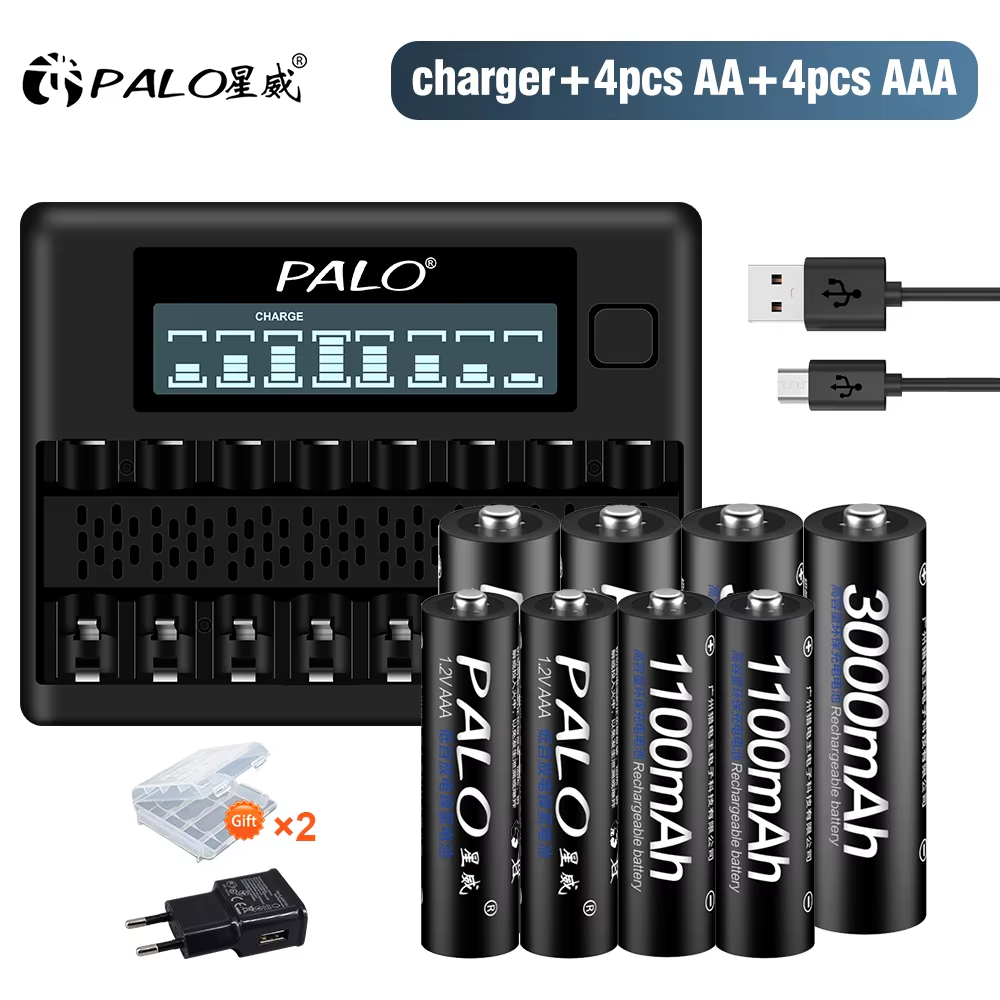 Аккумуляторы PALO 1.2V AA + AAA 3000 мАч, батарейки AA LR6 1100 мАч, батарейки AAA LR3 + зарядное устройство на 8 слотов для батареек AA AAA 1.2V