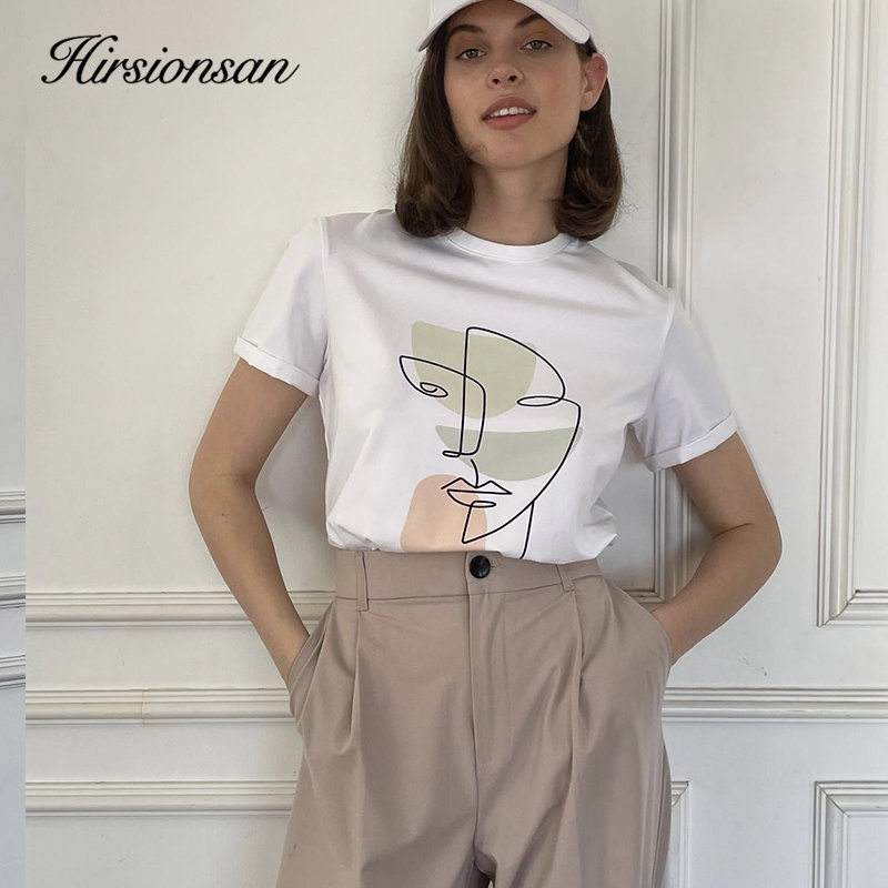 Hirsionsan abstrakcyjny wydruk T koszula kobiety lato nowy ponadgabarytowych 100% koszulki bawełniane dorywczo luźne estetyczne Tshirt O Neck topy 2023