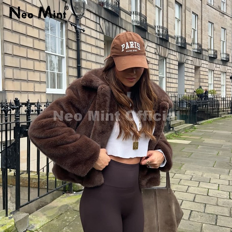 Neo mint legal rua meninas moda marrom jaqueta de pele do falso feminino luxo falso casaco de pele de vison 2025 outono inverno quente curto casaco