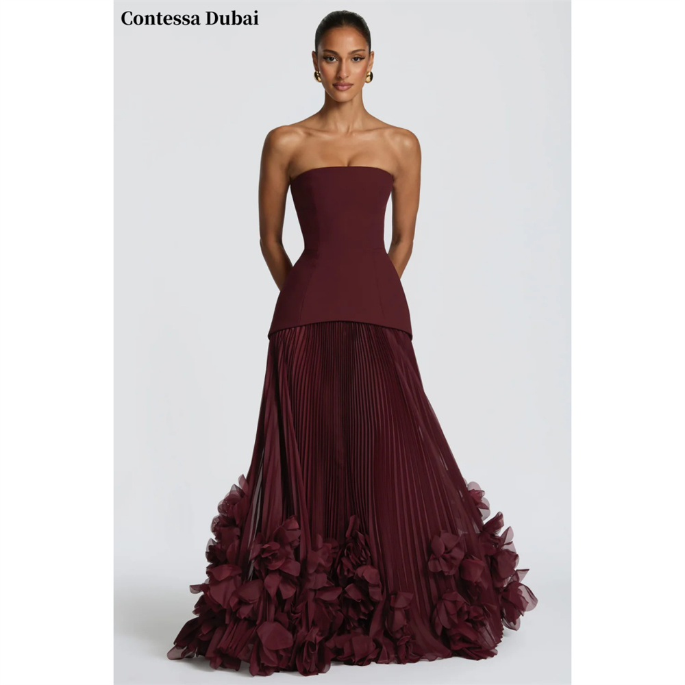 Abito da sera bordeaux personalizzato Contessa senza spalline, con corsetto e pieghe, in chiffon, per ballo di fine anno, Vestidos De Noche, formale