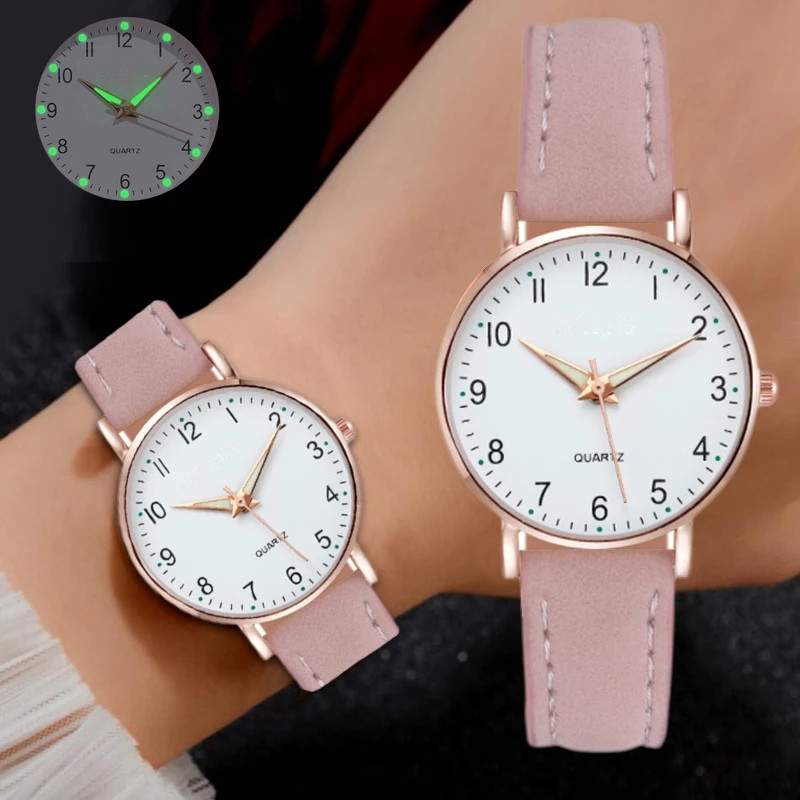 Relógio luminoso para mulheres moda casual cinto de couro relógios simples senhoras fosco redondo digital quartzo relógios de pulso reloj mujer