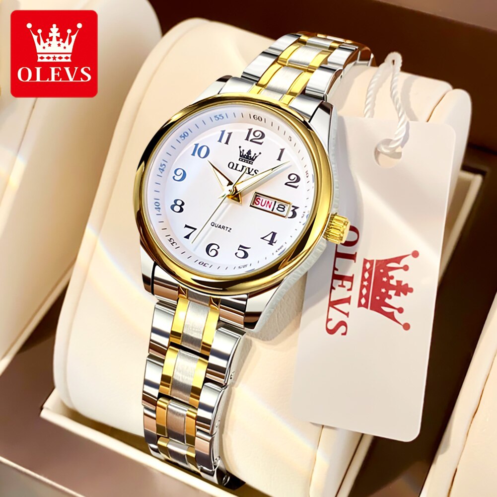 OLEVS-Relógio Quartzo de Luxo Feminino, Elegante, Aço Inoxidável, Luminoso, Impermeável, Data da Semana, Vestido Feminino