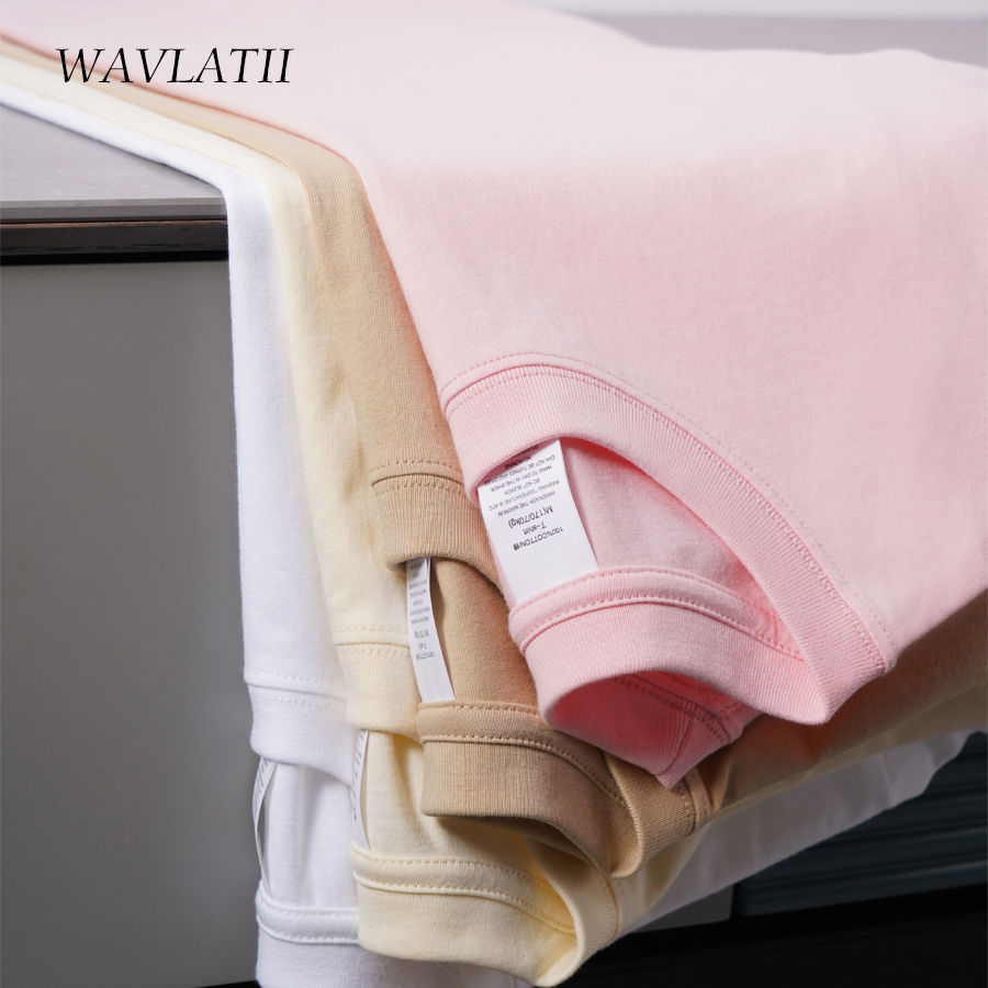 WAVLATII kaus lengan pendek wanita, Atasan katun warna polos merah muda putih kasual musim panas 100% ukuran besar WT2401
