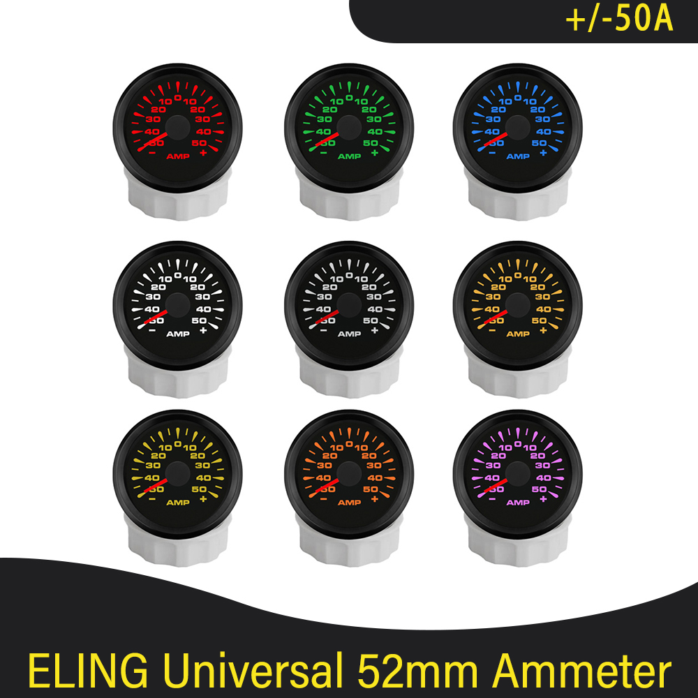 Amperímetro Universal para coche y barco, Medidor de amperios de 52mm +/-50A +/-80A +/-150A con Sensor de corriente y retroiluminación de 8 colores, 12V, 24V