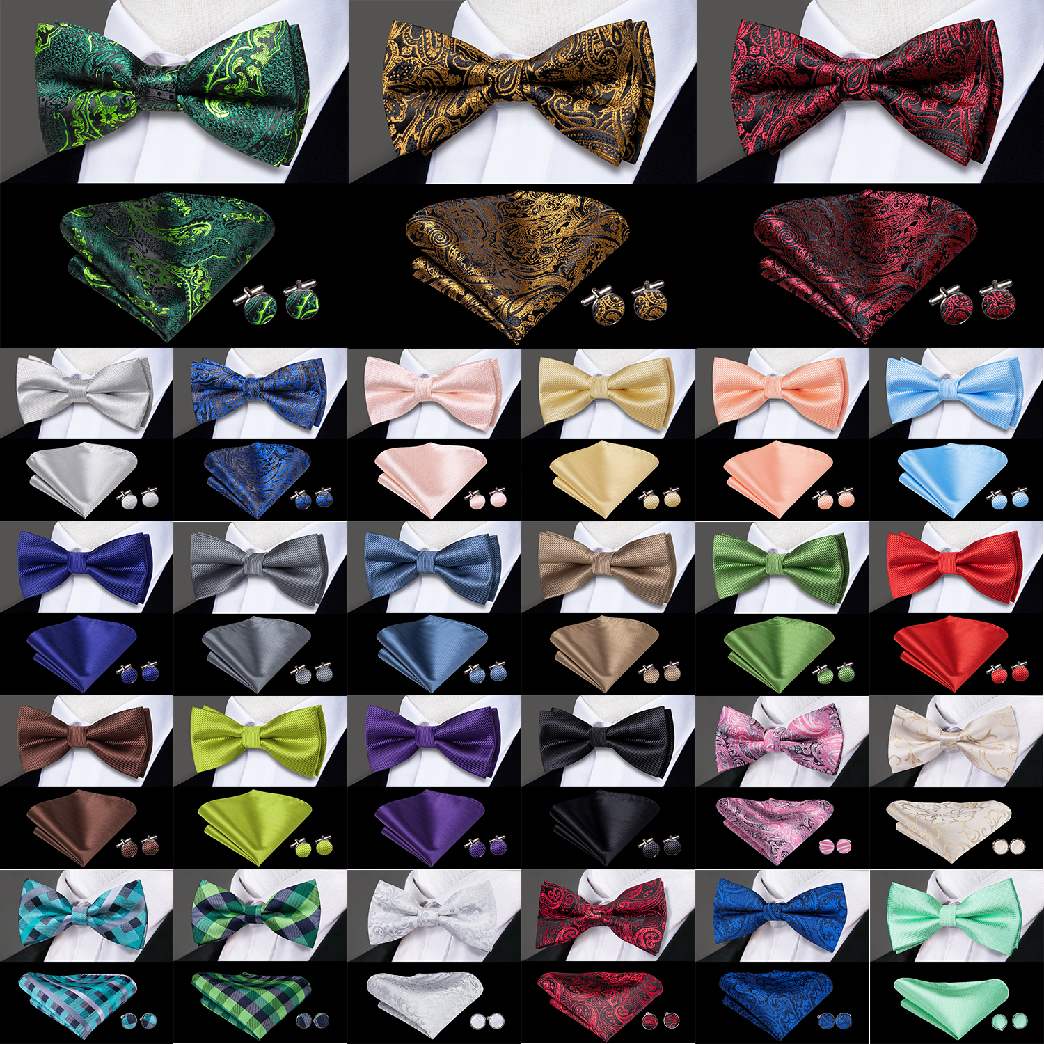 Hi-Tie Voorgeknoopte Heren Vlinderdas Zakdoek Manchetknopen Set Vlinderdas Das voor Mannen Jacquard Effen Paisley Bloemig Heren zijde Bruiloft Zakelijk