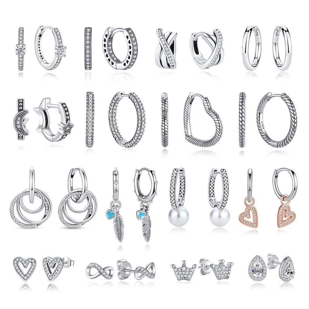 Pendientes de plata de ley 925 originales, pendientes de aro de cristal 2025 para mujer, corona de oro rosa, corazón, pendiente de abeja infinita, joyería
