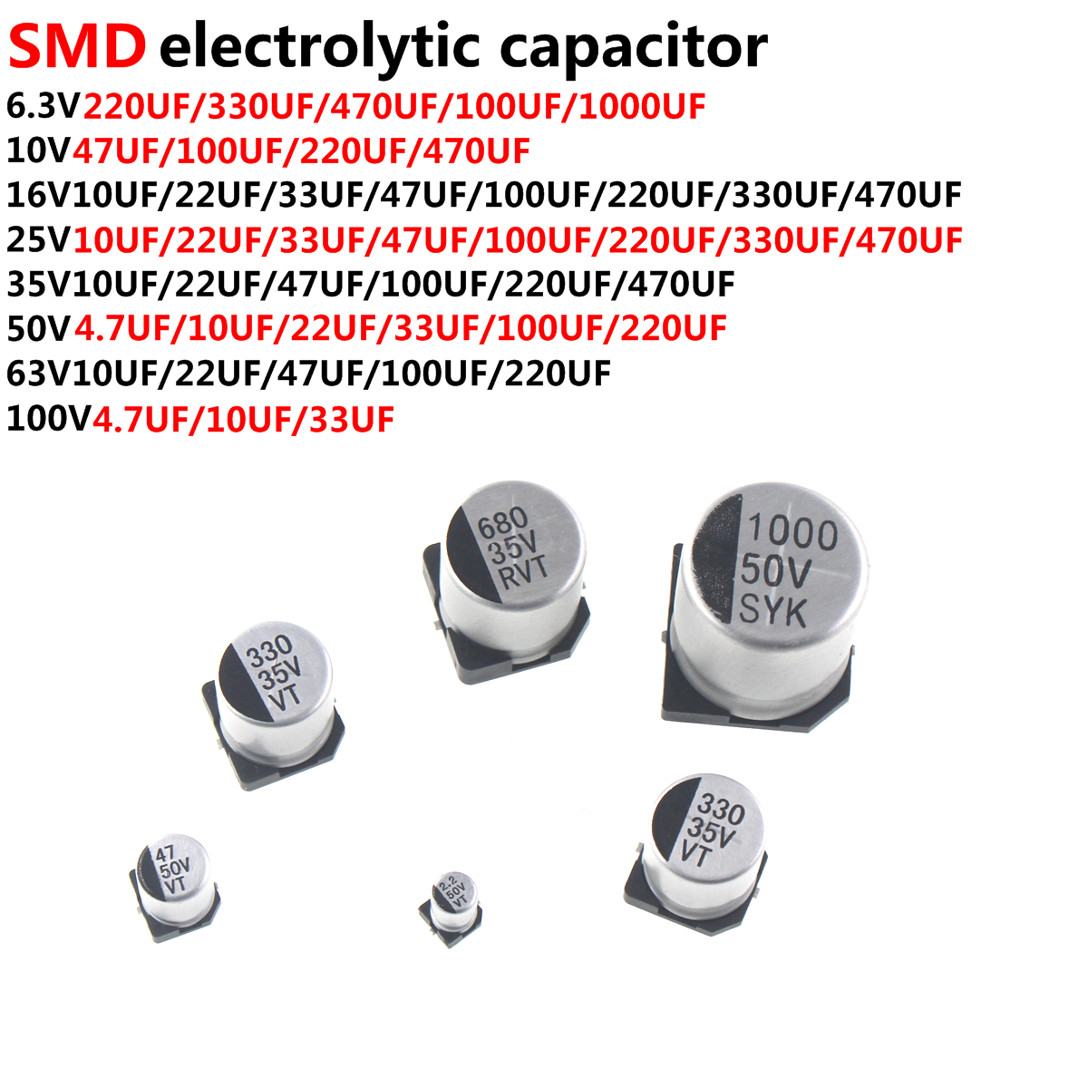 100/50/20 piezas SMD 6,3 V 10V 16V 25V 35V 50V condensador electrolítico de aluminio 1UF 10UF 22UF 33UF 47UF 100UF 220UF 330UF 470UF