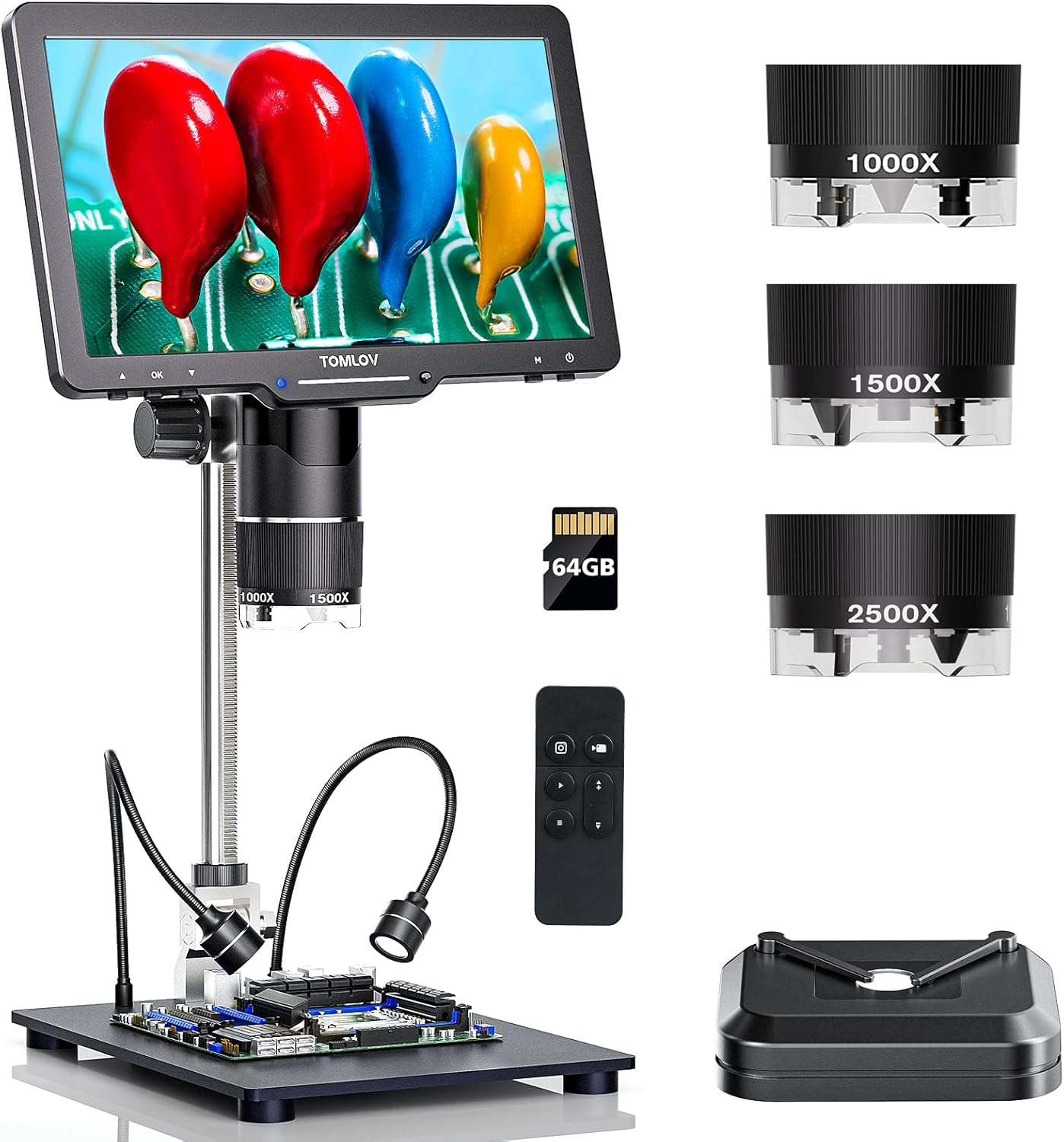 TOMLOV TriL110 3-Lens 2K Digital Microscope 2500X HDMI Coin Microscopes Magnifier 10.1" IPS Screen for  Coins Soldering Tools