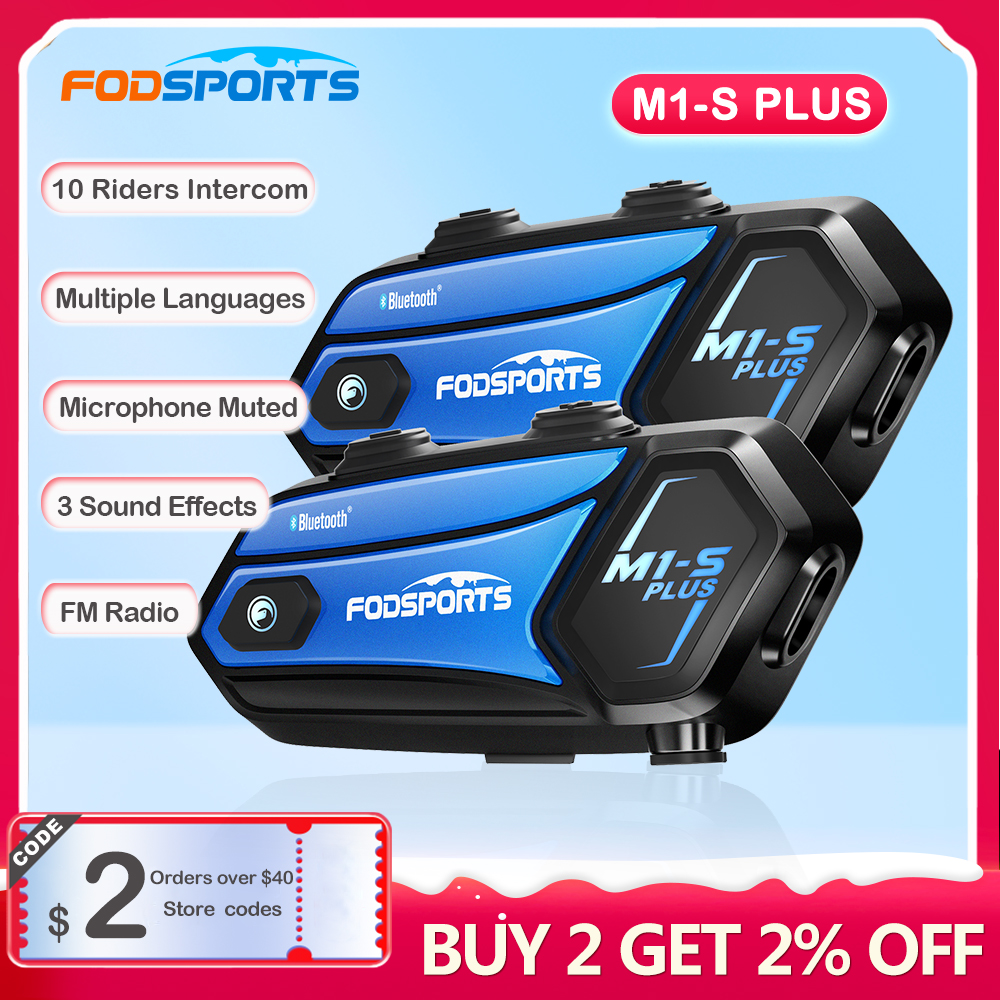 Fodsports M1S Plus-Intercom Motocicleta walkie-talkie para 10 ciclistas 2000m Bluetooth5.0 Compartir música intercomunicador moto Casco impermeable Auriculares con radio FM Emparejamiento universal (CE FCC)