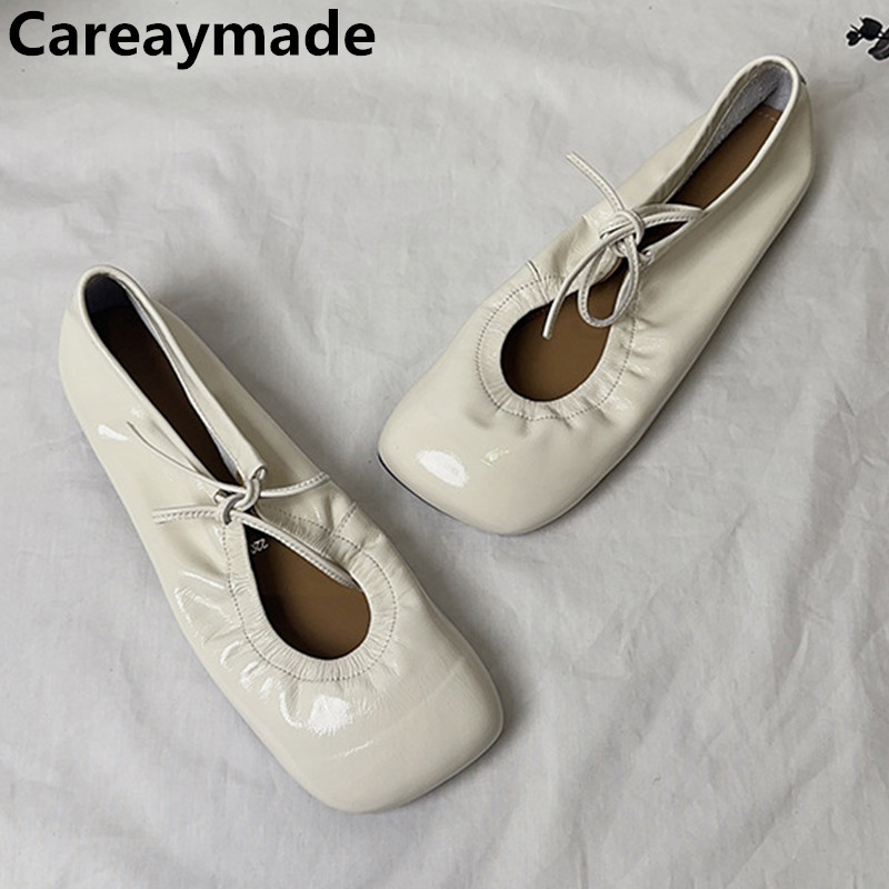 Careaymade-Genuine leather women's shoes,simple gentle lacquered cowhide leather lace up soft fresh delicate ballet flat shoes