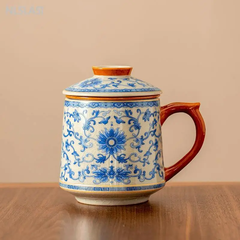 Taza de oficina de loto entrelazado con horno Ge azul y blanco de 430ml, Taza de cerámica con tapa, taza de separación de agua y té, taza de té china para el hogar