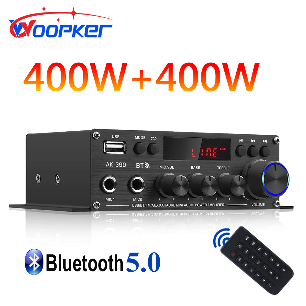 Woopker AK390 BT 5,0 amplificador de potencia HiFi 400Wx2 estéreo Digital AMP reproductor multimedia de graves compatible con Radio FM entrada de micrófono auxiliar