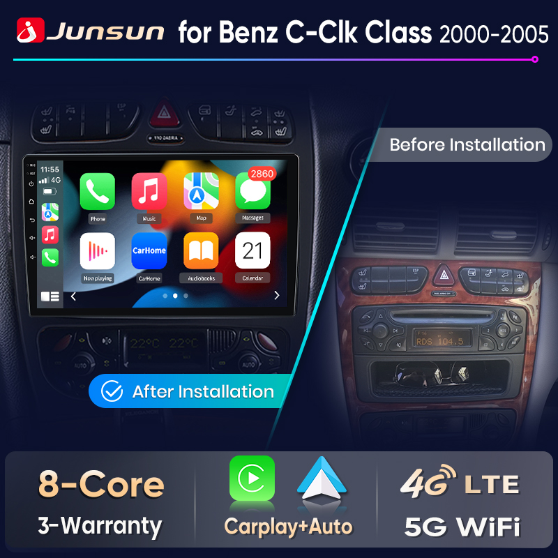 Junsun CarPlay Android Auto Radio de coche para Mercedes Benz Clase C W203 C200 C320 C350 CLK W209 2000-2005 Multimedia inteligente 4G