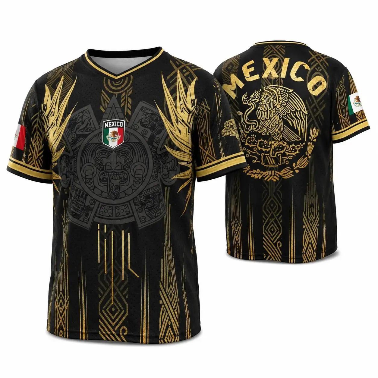 Camisa de Futebol Nacional Mexicana Masculina com Padrão Pirâmide Asteca, Camiseta de Futebol de Malha com Decote em V e Manga Curta