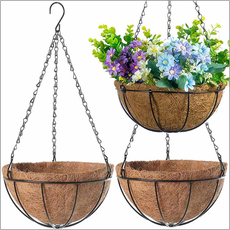 Porta piante in filo rotondo da 8/10 pollici Cestino sospeso in metallo Fodera in cocco Piante da giardino Vaso da fiori per la decorazione del balcone di casa